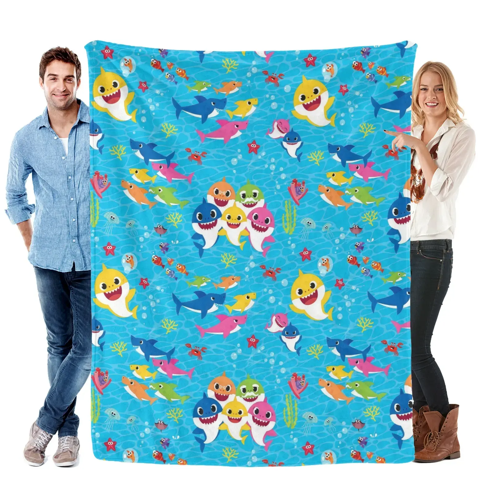 Baby Shark Cartoon Character Flannel Throw Blanket, Colorful Ocean Animal Art for Kids' Bedrooms and Nursery Lounges, Soft Storytime Sofa Accent & Birthday Christmas Gift for Boys, Girls and Preschool Cartoon Fans
