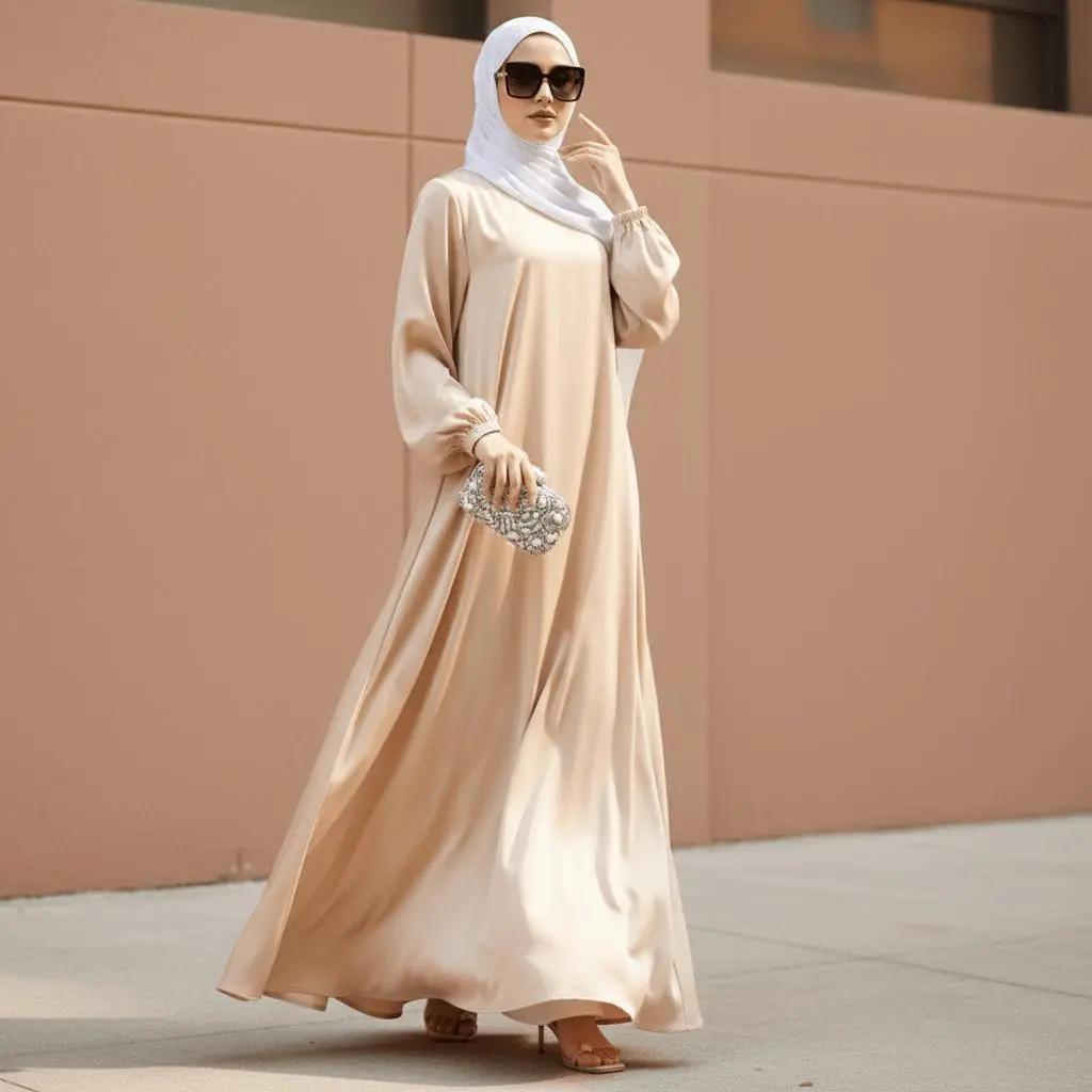 Women's Solid Color Satin Abaya, Loose Fit Umbrella Cut Islamic Dress with Pockets, A-Line Gown for Ramadan and Umrah, Solid Color Abaya, Islamic Abaya Dress