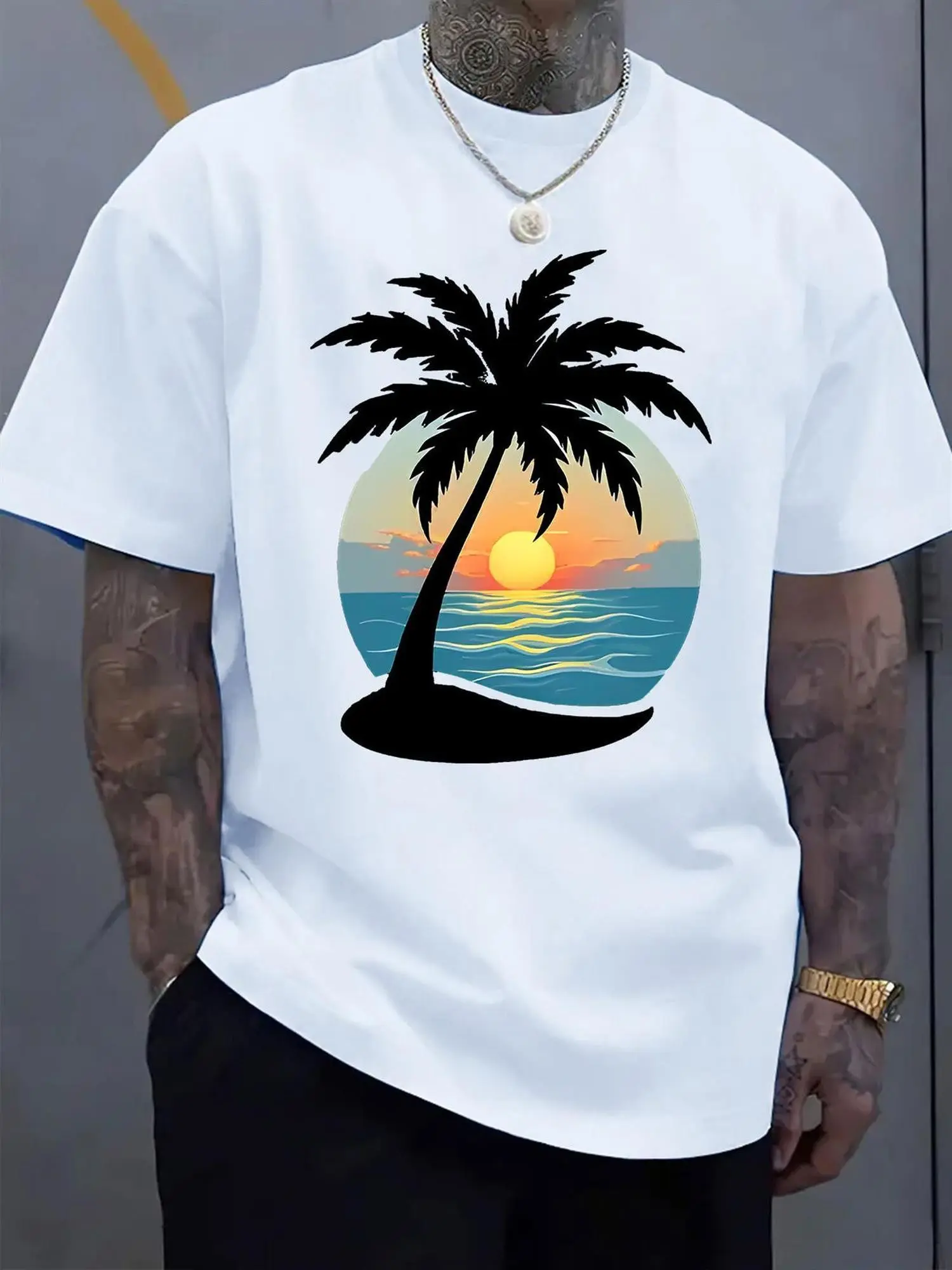 Men'S Short Sleeve T-Shirt with Tropical Palm Tree & Beach Sunset Print,Casual Athletic Summer Tee for Swimming, Surfing, Vacation, White & Turquoise Hawaiian Shirt Design, Machine Washable Active Wear