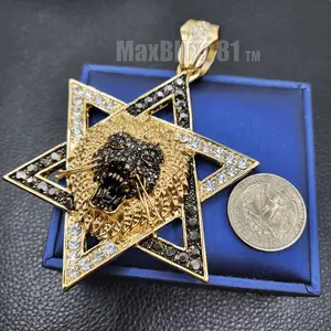 MaxBling81 High Quality Celebrity Jewelry Hip Hop Accessory, Large Star of David Lion Head Iced Cubic Zirconia Gold-Plated Charm Pendant Costume Jewelry