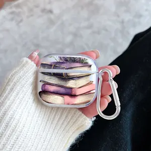 Books With Lavender Pattern TPU Soft Protective Case for Apple AirPods 4/3/2/1/Pro/Pro2 Transparent Earphone Cover with Keychain Attachment
