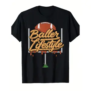 Men's and Women's Football Player Lifestyle Pattern T-Shirt - Featuring orange dripping font and football graphic design, breathable and moisture-wicking, perfect casual sportswear for football fans.