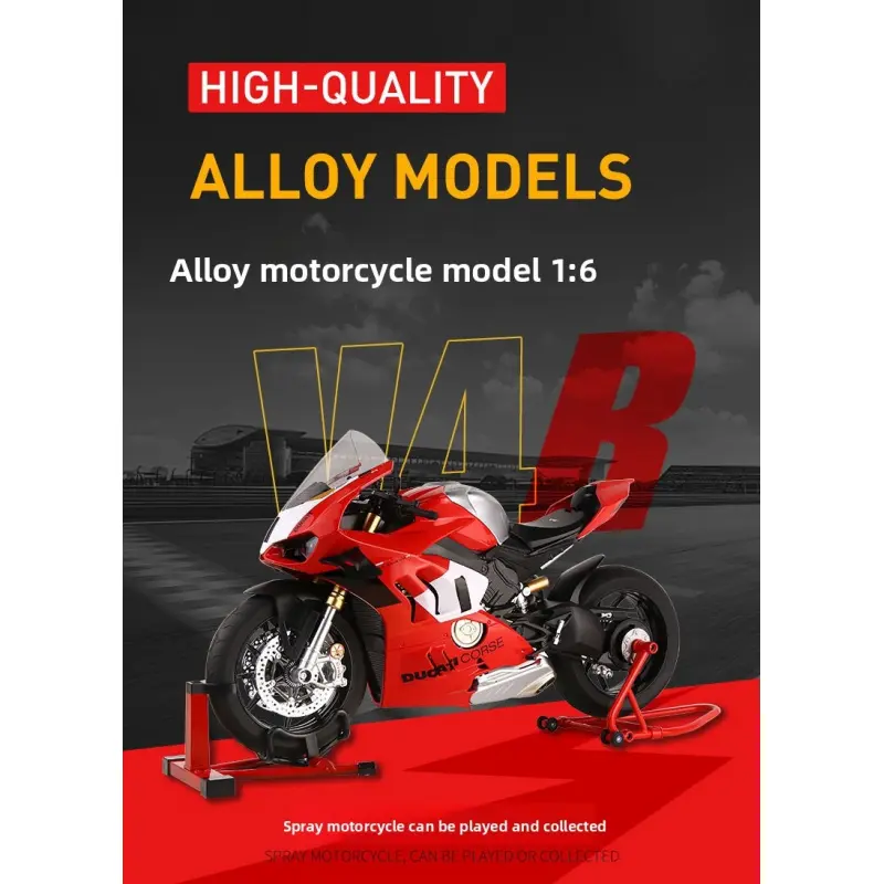 1:6 Ducati V4R electric motorcycle model, capable of starting, with flashing lights, chain-driven, rear wheel rotation, supports adding fuel to the fuel tank. It is an excellent choice for collection and gift giving.