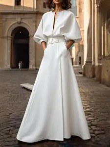 Solid color half sleeved loose deep V-neck long dress
