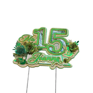 3D Custom Glitter Cake Topper - 15th Birthday Green, Cake Decoration