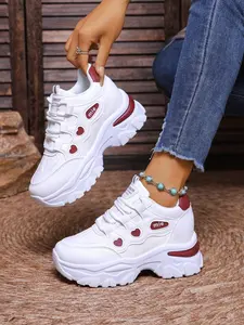 Heart Patchwork Thick Sole Dad Shoes, Women's Colorblock Inner Heel Boost Sneakers, Casual Outdoor Sports Shoes