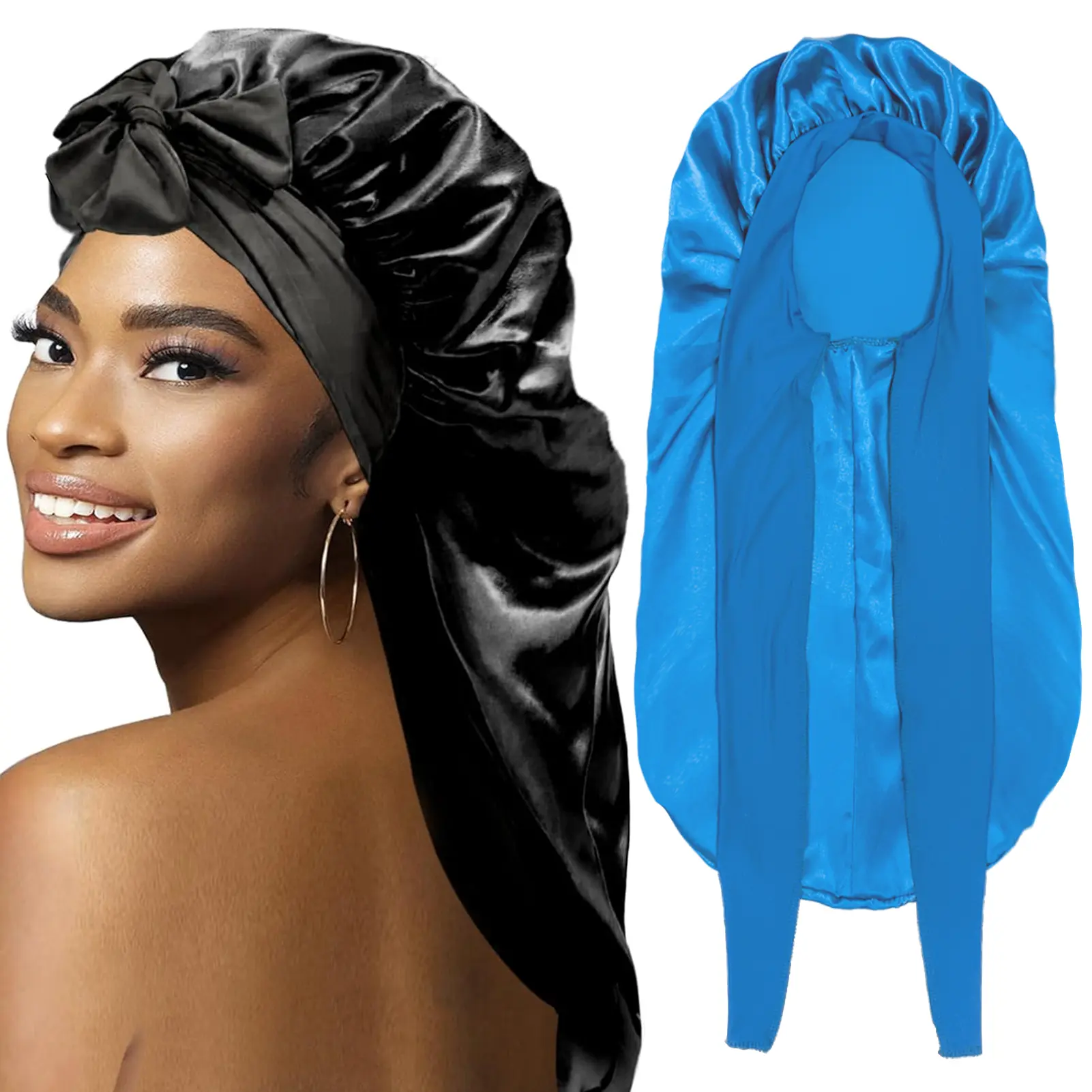Large Satin Braid Bonnet for Women - 2 Count Silk Sleep Cap with Stretchy Tie Band for Braids Soft Haircare Heatless Elastic (Black&Blue)