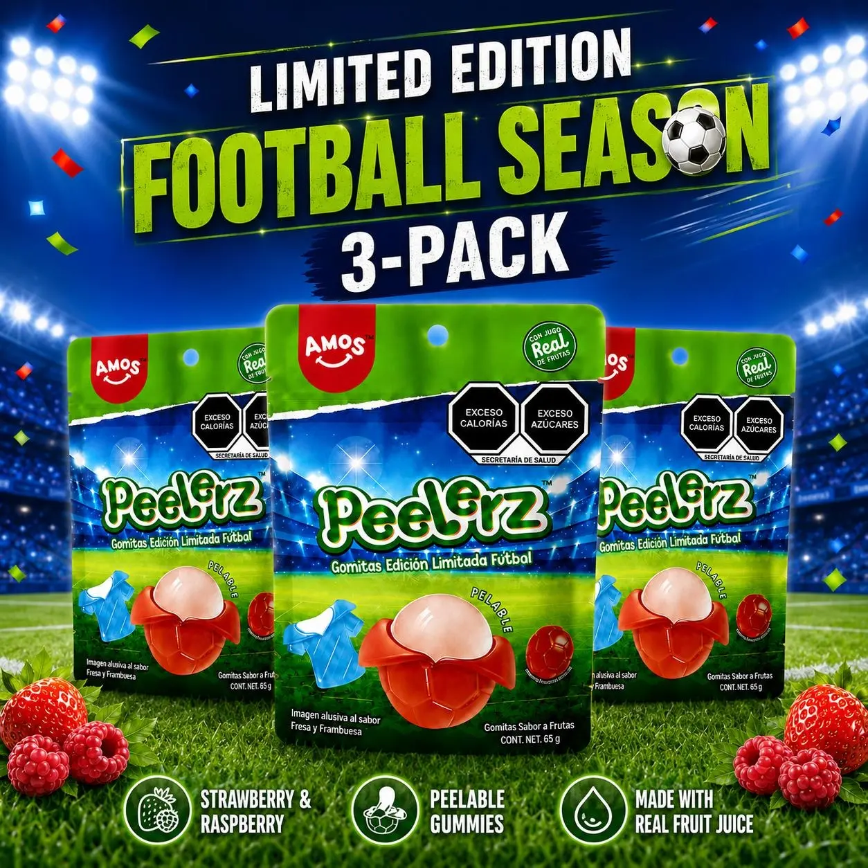 AMOS Peelable Soccer Peelerz Football Celebration Mix Gummy Candy, -Shaped Fruit Gummies, Strawberry/Orange/Raspberry/Green Apple Flavors, 8.47oz