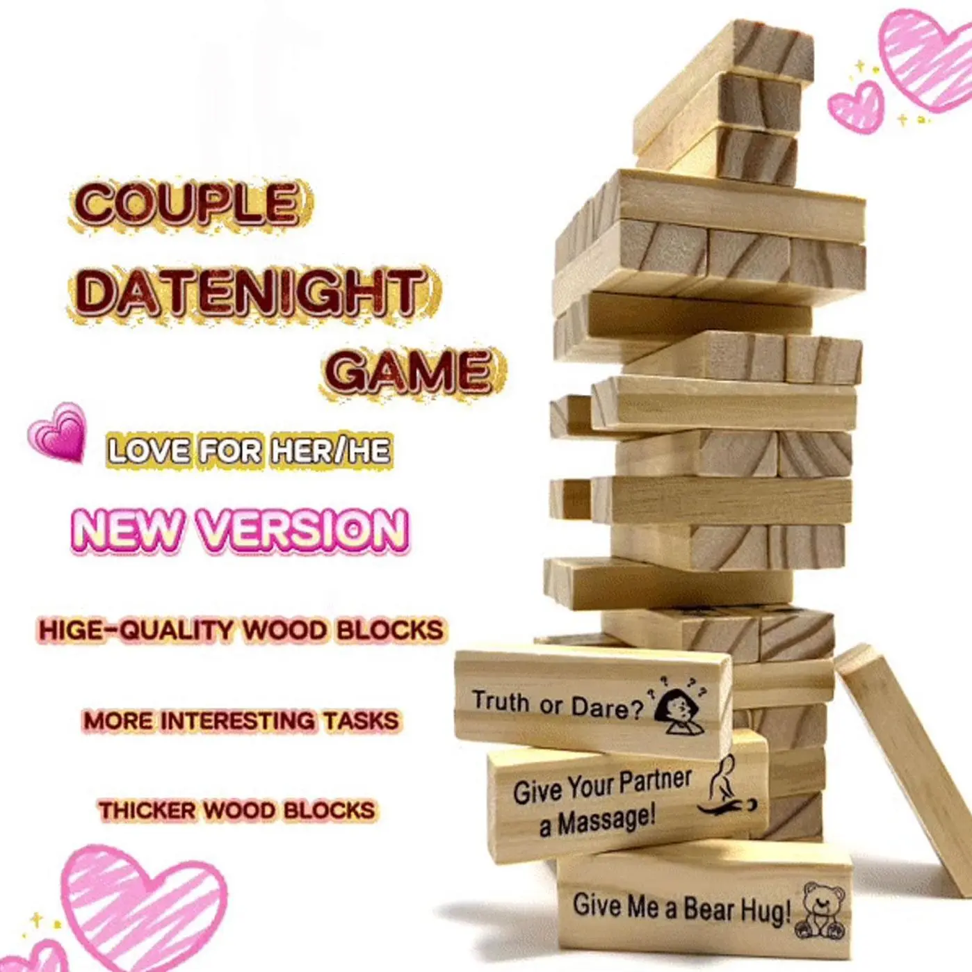 Wood Blocking Stacking Game, 48 PCS Bilingual Spanish-English Adult Indoor Recreation Toy, Durable Valentine's Day Couple Intimacy Gift with Engaging Gameplay for Romantic Bonding