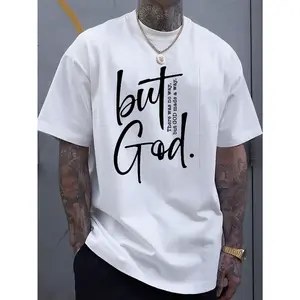 [100% Cotton]Men'S Cotton Crew Neck T-Shirt With "But God" Letter Print, Casual Street Style, All-Season Comfort Fit, Knit Fabric, Cotton T Shirts