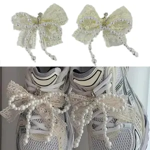Elegant Pearl Bowknot Shoe Decoration Bag Pendant Lace Bows Shoe Buckle Ornament for Jewelry Making Keychain Accessory
