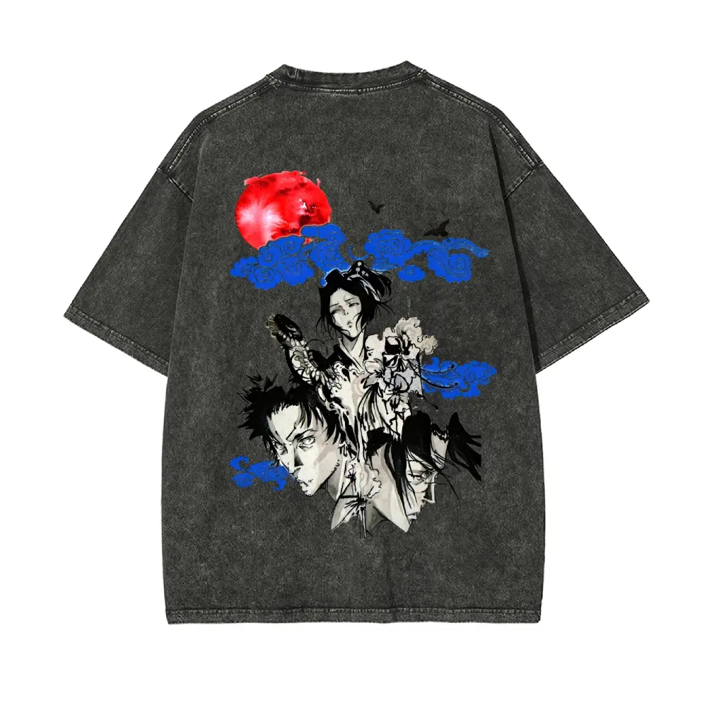 Men's Samurai Champloo Mugen Jin Fuu Vintage Washed Heavyweight Cotton Short-Sleeve T-Shirt, Menswear Top, Fashion Fabric Anime Streetwear, Unisex Casual Fan Gift, Shortsleeve, Retro