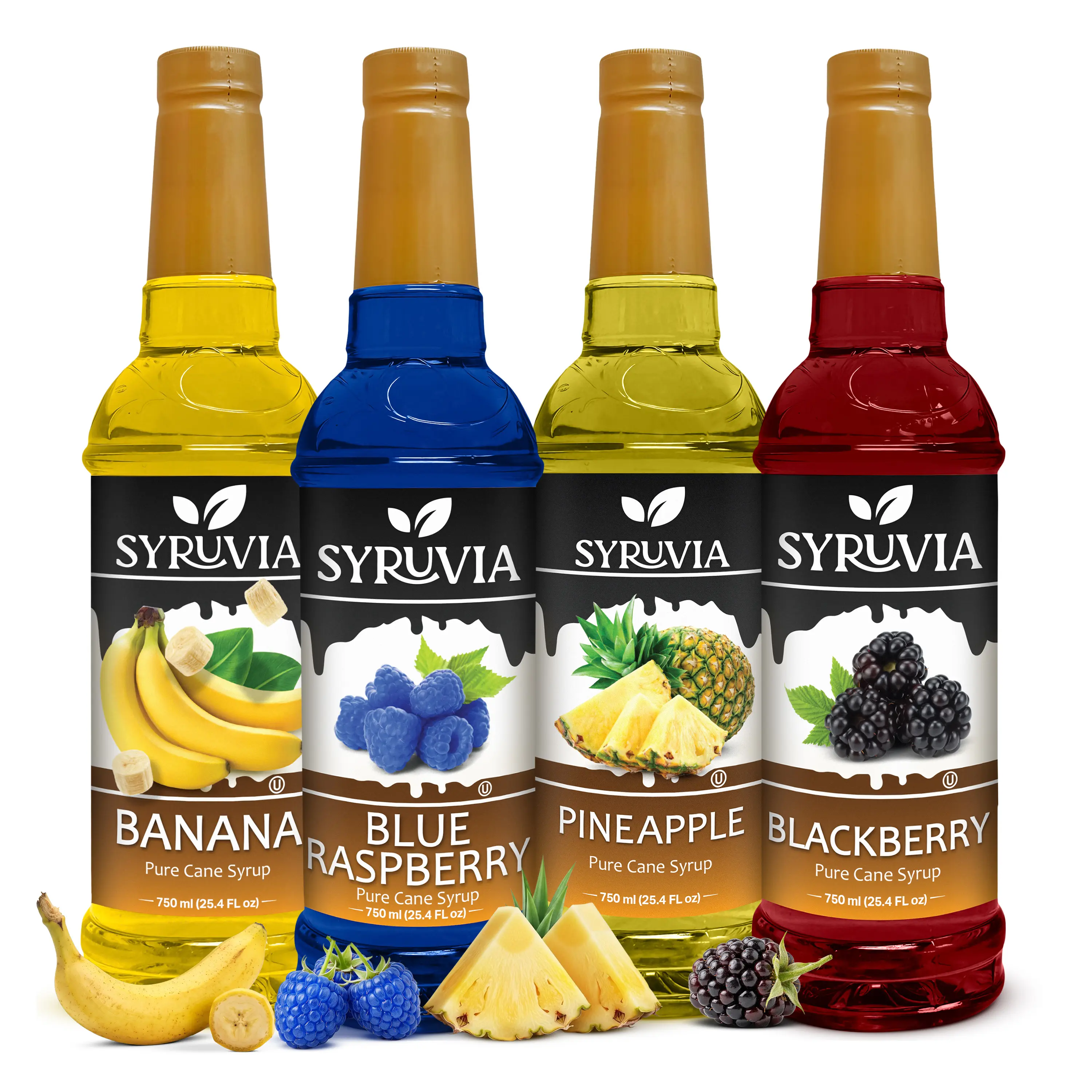 Syruvia Sweet Fruit Flavor Variety Pack - Banana, Blue Raspberry, Pineapple, Blackberry Syrups - 4 x 25.4 Fl oz Bottles for Cocktails, Lemonade