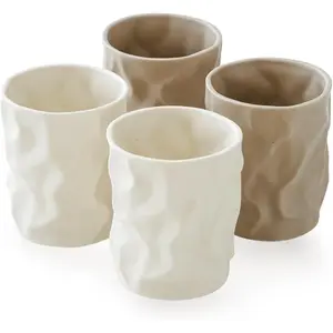 WENSHUO Crinkle Paper Shape Irregular Cup Set of 4, Reusable Ceramic Drinking Cups, 8oz