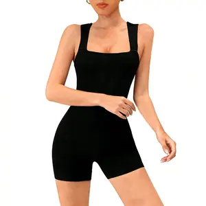 Women Rompers Yoga Stretch Strappy Square Neck Sleeveless Exercise Rompers