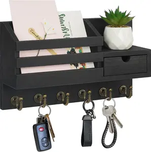 Key and Mail Holder for Wall, Mail Organizer Wall Mount with 6 Hooks and Storage Drawer, Easy Installation Key Rack for Entryway and  Decor (A-Black)