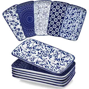 Selene 9.5 Inch Rectangular Dinner Plates Set of 6, Ceramic Salad Plates for Dessert, Appetizer, Porcelain Serving Platters for Entertaining, Microwave & Oven Safe,  Blue & White Color