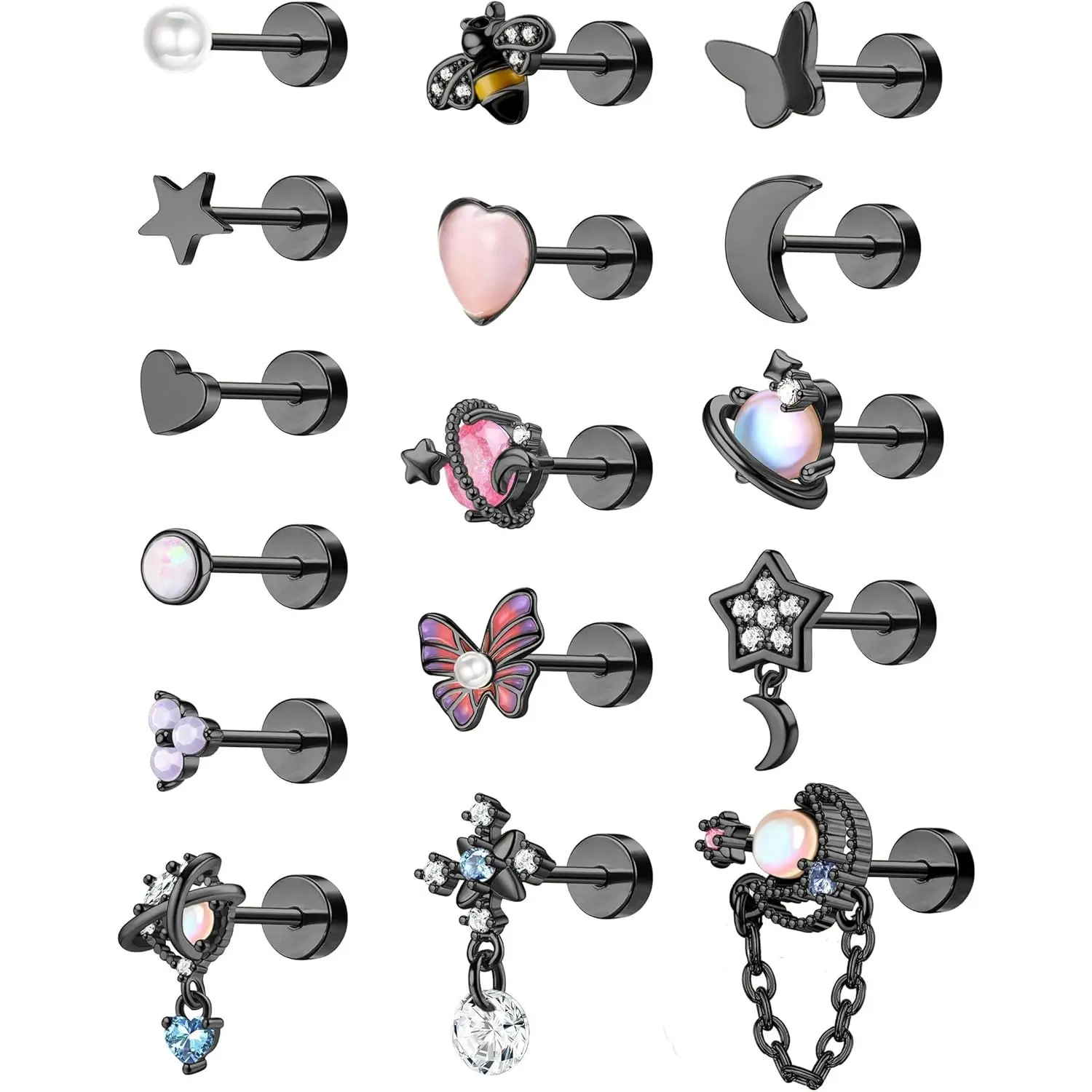 FIASASO 16Pcs 16G-20G Hypoallergenic Nickel-Free Stainless Steel Dangle Cartilage Earrings, Butterfly Hearts CZ Opal Accents Flat Back Jewelry for Women, Daith Piercing Ear (Tragus, Conch, Helix)