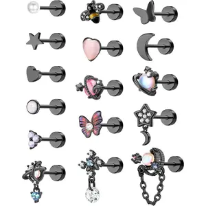 FIASASO 16Pcs Dangle Cartilage Earrings for Women Men Stainless Steel Tragus Stud Earrings 16G and 20G Butterfly Heart CZ Opal Flat Back Earrings Cartilage Tragus Conch Helix Daith Piercing Jewelry