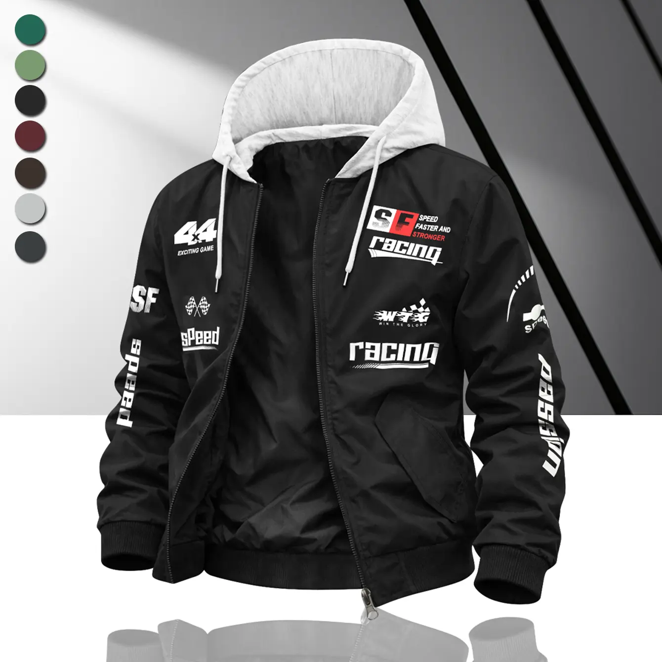 Men's Pull-On Regular-Length Letter-Print Loose-Fitting Polyester Hooded Sports Jacket - Autumn Winter Outerwear for Hiking, Including Outdoor Active & Sporty Lightweight Styles