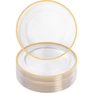 Goodluck 12 Inch Gold Rim Charger Plates 50 Pack Clear Plastic Disposable Plates for Dinner Wedding Party Christmas Anniversary Birthday Eco-Friendly & Sturdy - Ceremony
