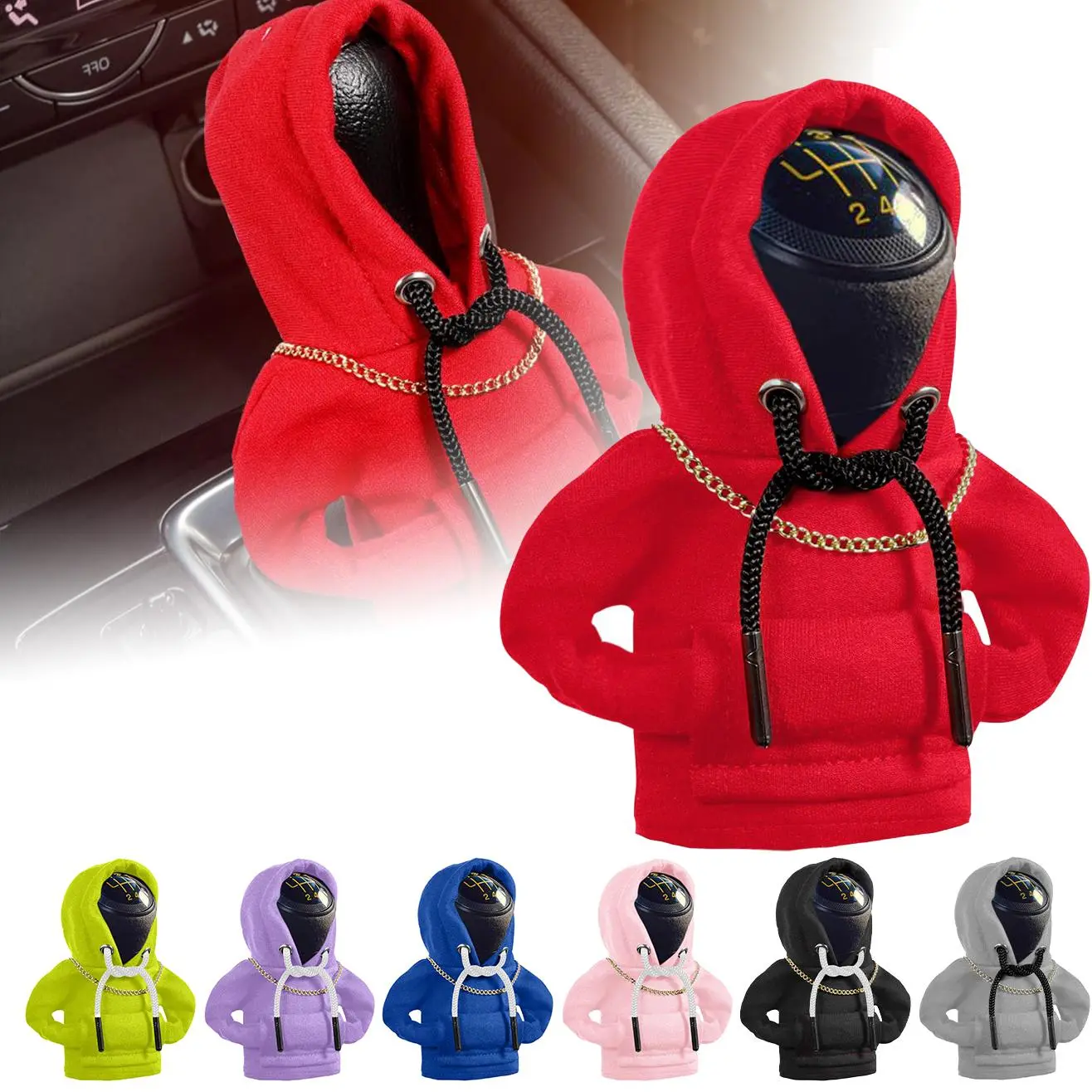 DIBMS Car Shift Hoodie, Funny Mini Hoodie Car Decoration, Fun Car Interior Decorations, Universal Shift Handle Cover, Car Interior Gifts, Car gear shift cover for women Vehicle Red