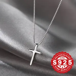925 Sterling Silver Cross Shape Pendant Necklace Hypoallergenic Silver Color Cross Neck Jewelry Gift