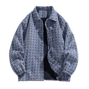 Men's Blue White Textured Woven Jacket Retro Casual Collared Button-Up Streetwear Coat for Streetwear Enthusiasts