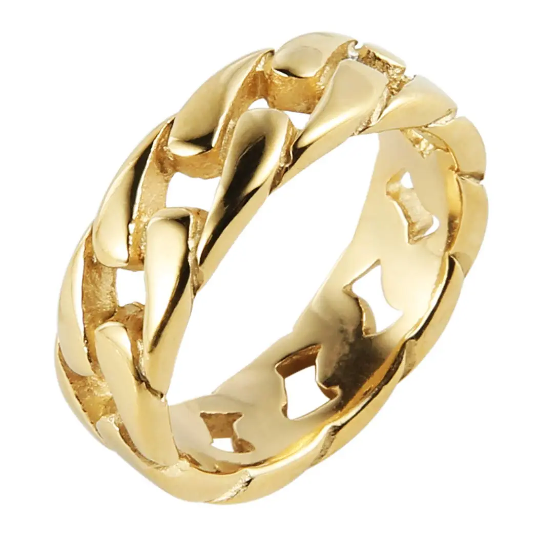 HZMAN Mens Stainless Steel 7mm Wide Band Cuban Link Chain Ring