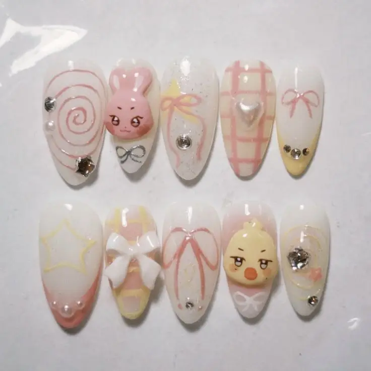 Handmade ANITEEZes Inspired Press On Nails | Ddeongbyeoli Bbyongming Kawaii K-Pop Pink 3D Almond Fake Nails with FREE Adhesive Tabs FREE Nail File FREE Cuticle Stick