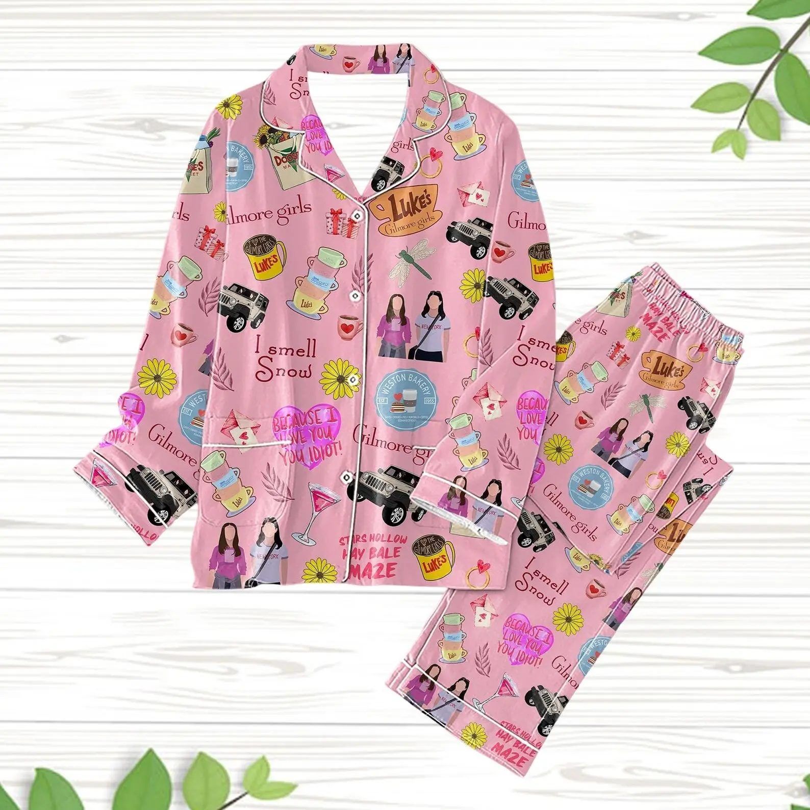 Gilmore Girls Satin Pajama Set, Stars Hollow Luke's Diner Sleepwear, Cozy Coffee Theme Lounge Wear, Holiday TV Fan Gift for Women