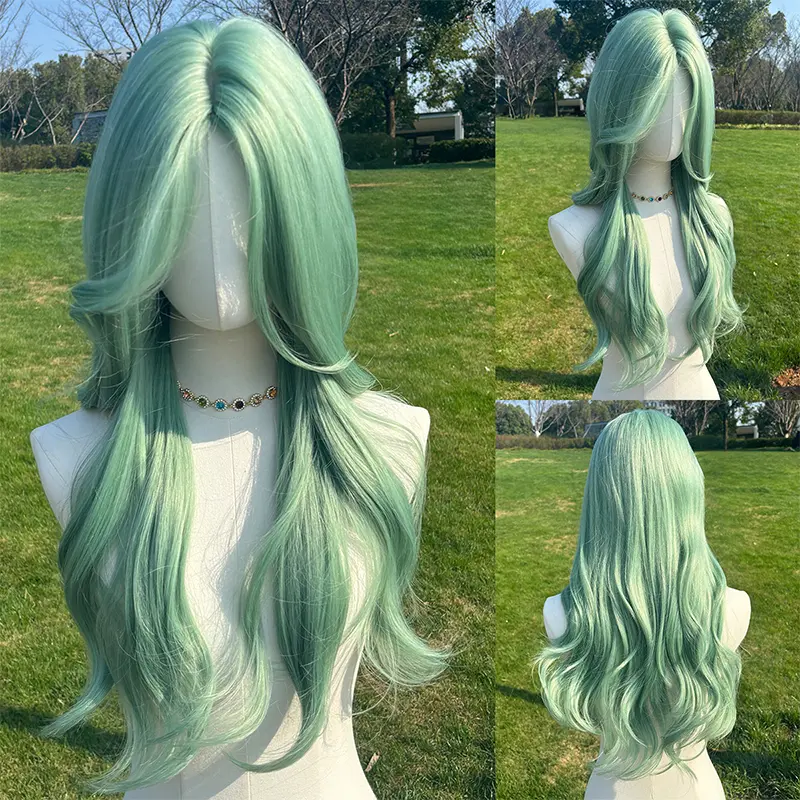 SMILCO 26" Long Wavy Green Skunk Stripe Wig, Dark Green with Neon Green Highlights, Glueless Body Wave Wig  #Summervibes  SM432