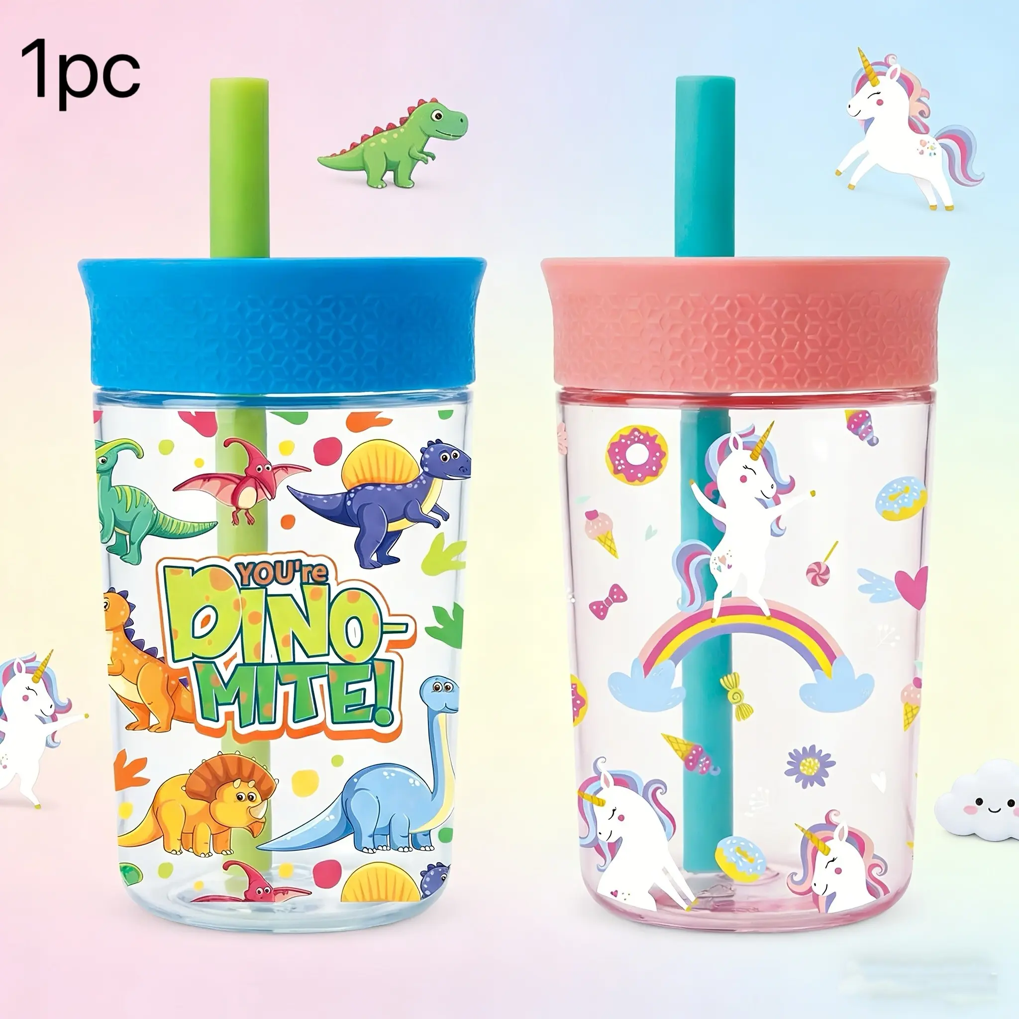Kids Leak-Proof Lightweight Portable Straw Water Bottle, 450ML Cartoon Dinosaur Unicorn Design, Cute High-Quality Kids' Cup, School Outdoor Travel Mug Drinkware, Toddler Water Bottle Leakproof Water Bottles