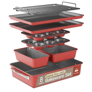Bakken 8-Piece Ceramic Coated Bakeware Sets, Nonstick Aluminized Steel Pans with Muffin, Loaf, Cake, Roasting Pan, & Cooling Rack, Oven Safe Up To 500°F, Dishwasher Safe, BPA, PTFE & PFAS Free, Pink