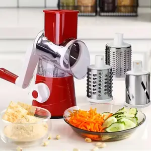 Rotating Cheese Grater and Vegetable Slicer, Kitchen Mandolin with 3 Interchangeable Blades, Easy to Clean, Suitable for Fruits, Potatoes, Carrots, Nuts, Rotary Cheese Shredder