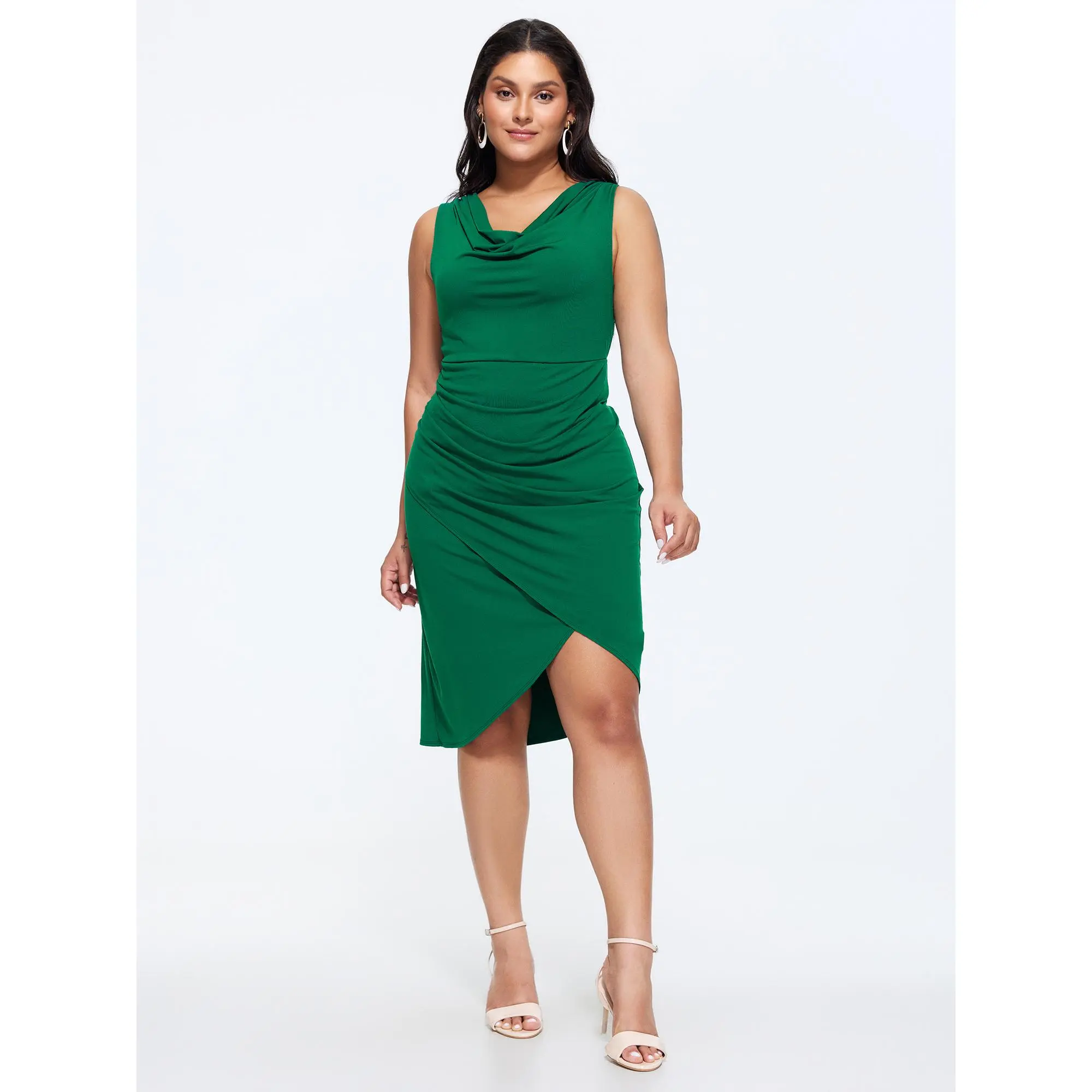 BloomChic Women's Plus Size Spandex Lady Garment - Sleeveless, Cowl Neck, Ruched Midi Dress, Basic, Low Iron, Pocketed, Green, Summer Casual Wear, M-6X Size 2026