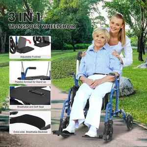 All-Terrain 2 In 1 Rollator Walker & Transport Chair, Folding Wheelchair with 10” Non-Pneumatic Wheels for Seniors, Reversible Backrest & Detachable Footrests