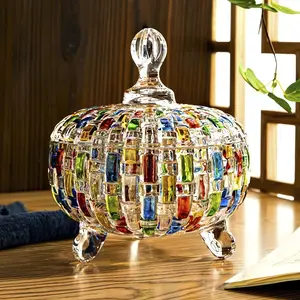 Candy Jar-candy Jars With Lids, Decorative Candy Dishes Container, Vintage Embossed Glass Jar, Colorful Crystal Storage Bowl For Office Desk, Pretty Covered Bowl For Chocolate Dessert Jewelry
