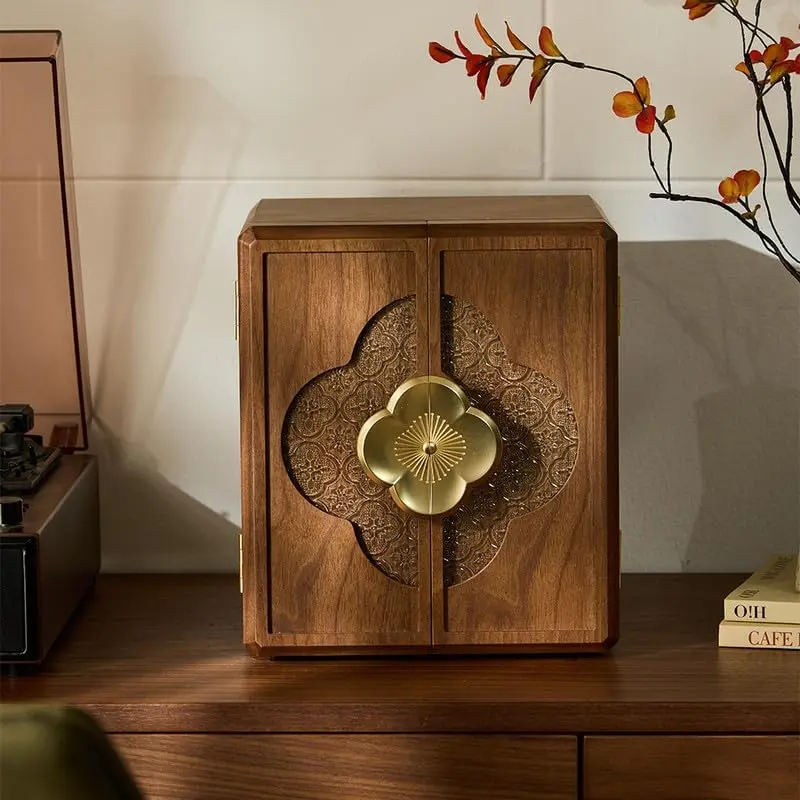 Women's Traditional Decorative Wooden Rectangle Walnut Jewelry Organizer - 5-Tier Double Door Box with Begonia Flower Metal Handle, Large Storage Drawers, 9.07in Home Organization Gift