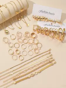58 Piece Fashion Women's Jewelry Set Heart Butterfly Multi-Layer Necklace Ring Earrings Bracelet Set, Trendy Jewelry Set, Daily Wear, Party Gift, Fashionable Jewelry Set
