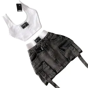 Matching Sets Women 2 Peice New Fashion Straps Casual Multiple Pockets Denim Skirt Sets Goth Womens Versatile Strap Streetwear  Womenswear Clothes Button Jeans Seamless