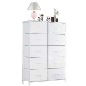 Dresser for Bedroom, 10 Storage Drawers, Anti-Tip Tall Fabric Closet Chests Organizer Tower Furniture with Wooden Top Metal Frame for Clothes, Kids Room, Living Room, Hallway, Entryway White
