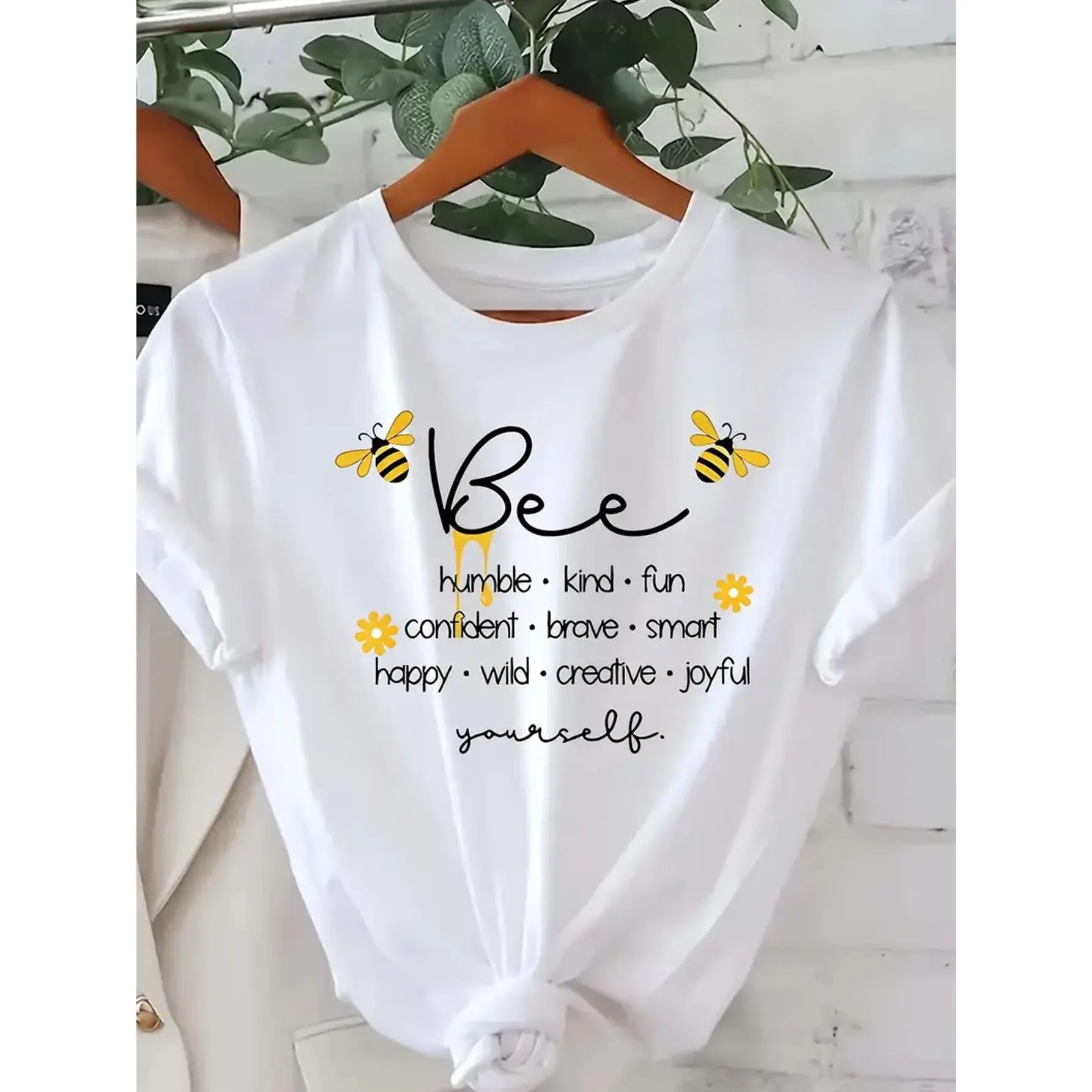 Women's 'Be' Graphic Short-Sleeve Round Neck Streetwear T-Shirt - Yellow & Black, Inspirational "Be Happy" Slogan, Bee Decor, Casual Spring & Summer Everyday Top, Shortsleeve