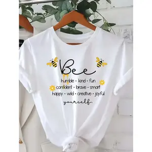 -  - Women'S Inspirational Bee Graphic T-Shirt - Short Sleeve Crew Neck Casual Top With "Be Happy" Quote, Yellow & Black Design, Perfect For Spring, Summer & Fall, Everyday Tshirt |   Fun Casual Top | , Bee Decor