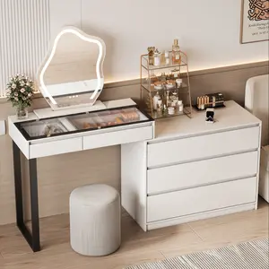 Miu Extendable Dressing Table with Drawers and Dresser, Corner Vanity Desk with Mirror，5-drawers，3-color-light