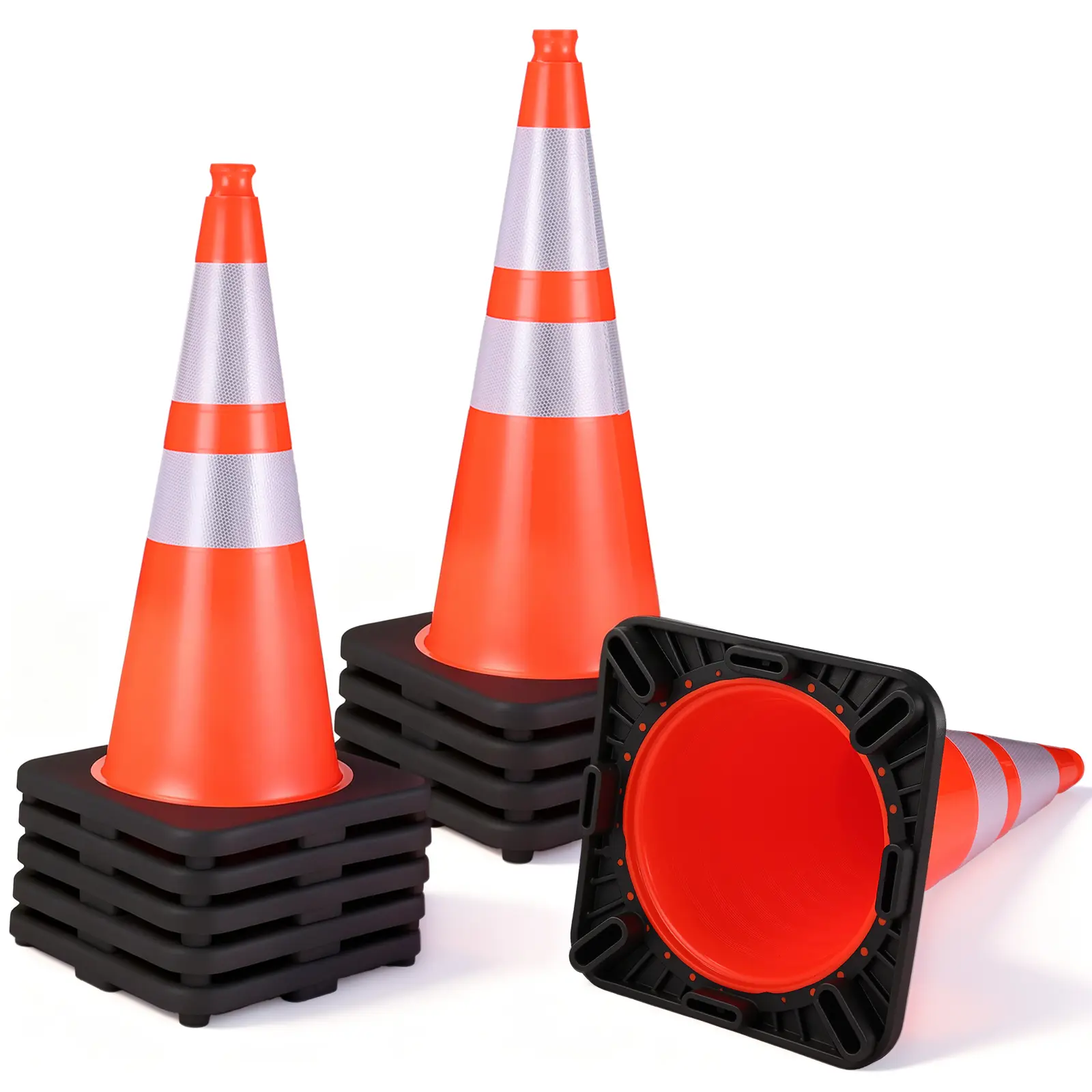 GOCHIFIX 10-Pack 28-In Traffic Cones - 7 Lb Black Base, Reflective Collars, PVC Outdoor Safety Gear, 14×14 Inch, Quick Placement/Removal, Day and Night High-Visibility for Traffic Control, Extreme Temperatures
