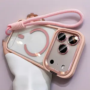 Magnetic Silicon Lens Holder with Pink Lanyard - Protective Customized Cover for iPhone 17 Pro Max,16,15/14/13 Pro Casing, Anti-Drop Accessory for Lens Film, Outdoor Use, Father's Day Gift Idea, Pink With Lanyard