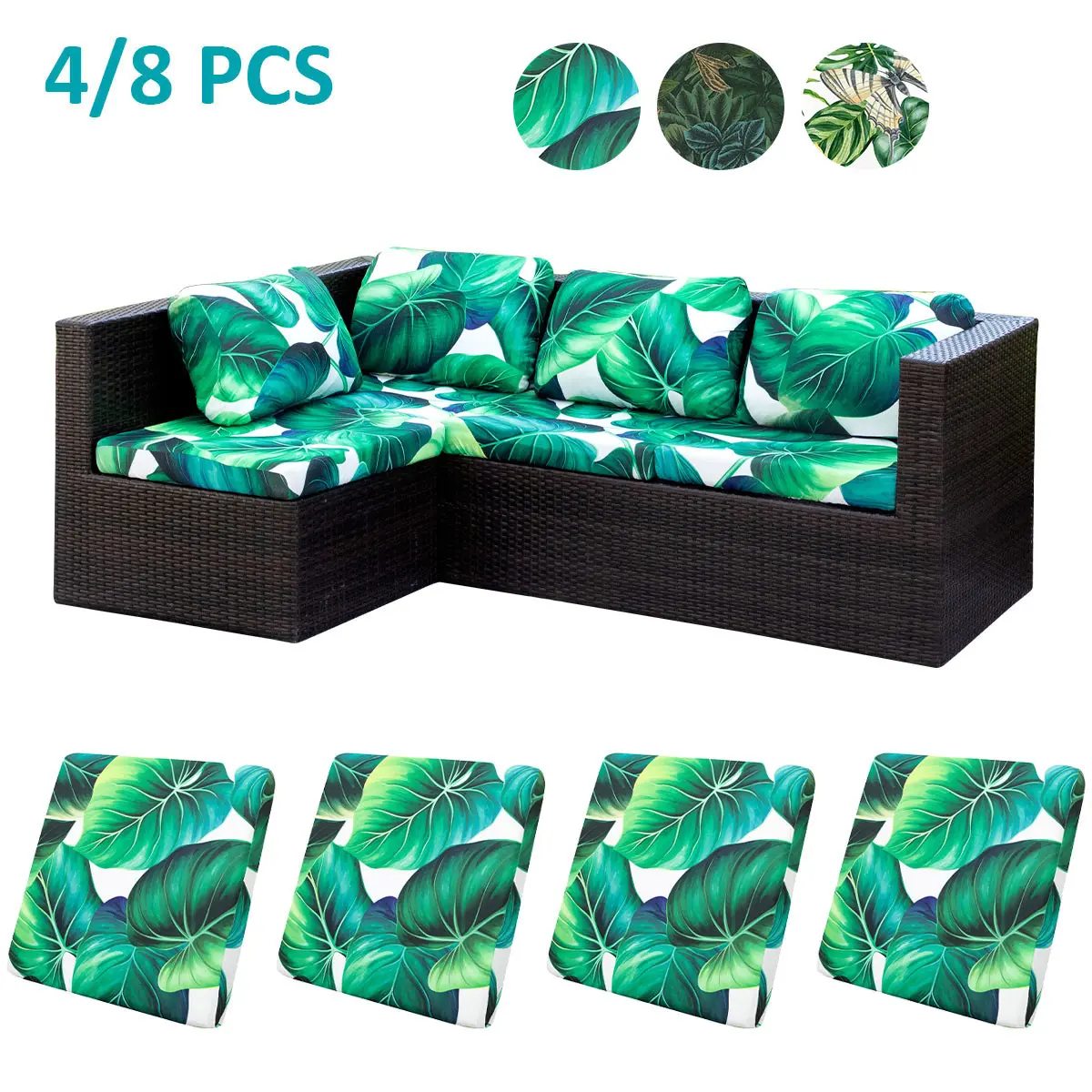 Leaf Elastic Print Sofa Cushion Covers, Single Seat 4/8 Piece Set, Washable Furniture Protector, Home Decor & Pet Friendly, Removable Washable Slipcovers, Decorative Sofa Protector, Couch Slipcover