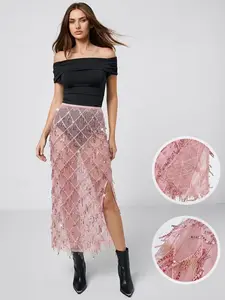 Fashion Style Sexy Half-Transparent Mesh Fringe Sequins Women's Split Midi Skirt, High Waist Fitted Design, All Seasons Wear