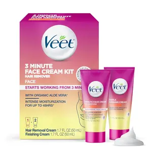 Veet 3 Minute Facial Hair Removal Cream for Women, Depilatory Cream with Organic Aloe Vera, 2 Piece Women's Facial Hair Remover Kit